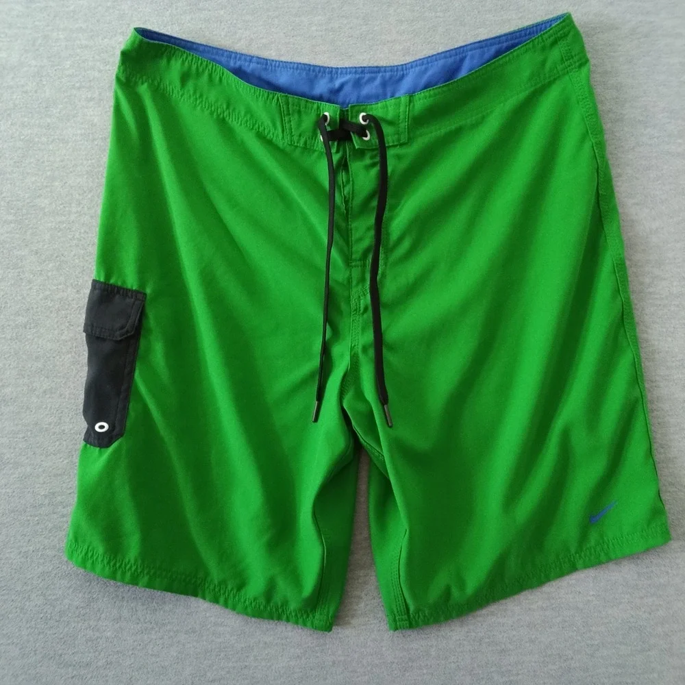 Nike Mens Green Board Shorts Size 36 Blue Waistband Side Cargo Pocket Trunks
